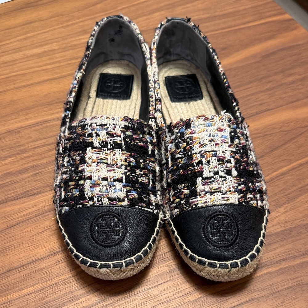 Tory Burch Black Leather Tweed Espadrille Shoes size 9.5